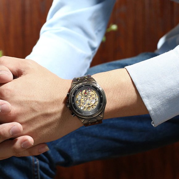 Luxury Men's Automatic Mechanical Wrist Watch Leather Strap Retro Skelet… - Picture 7 of 11